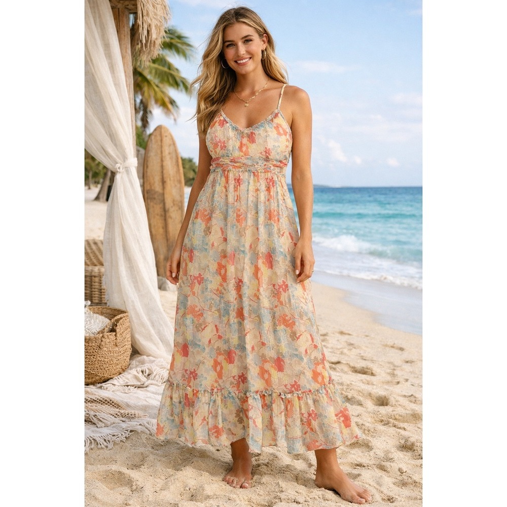Gold Maxi Dress Women Floral Shimmer Empire Summer Cottagecore Coastal‎ Western